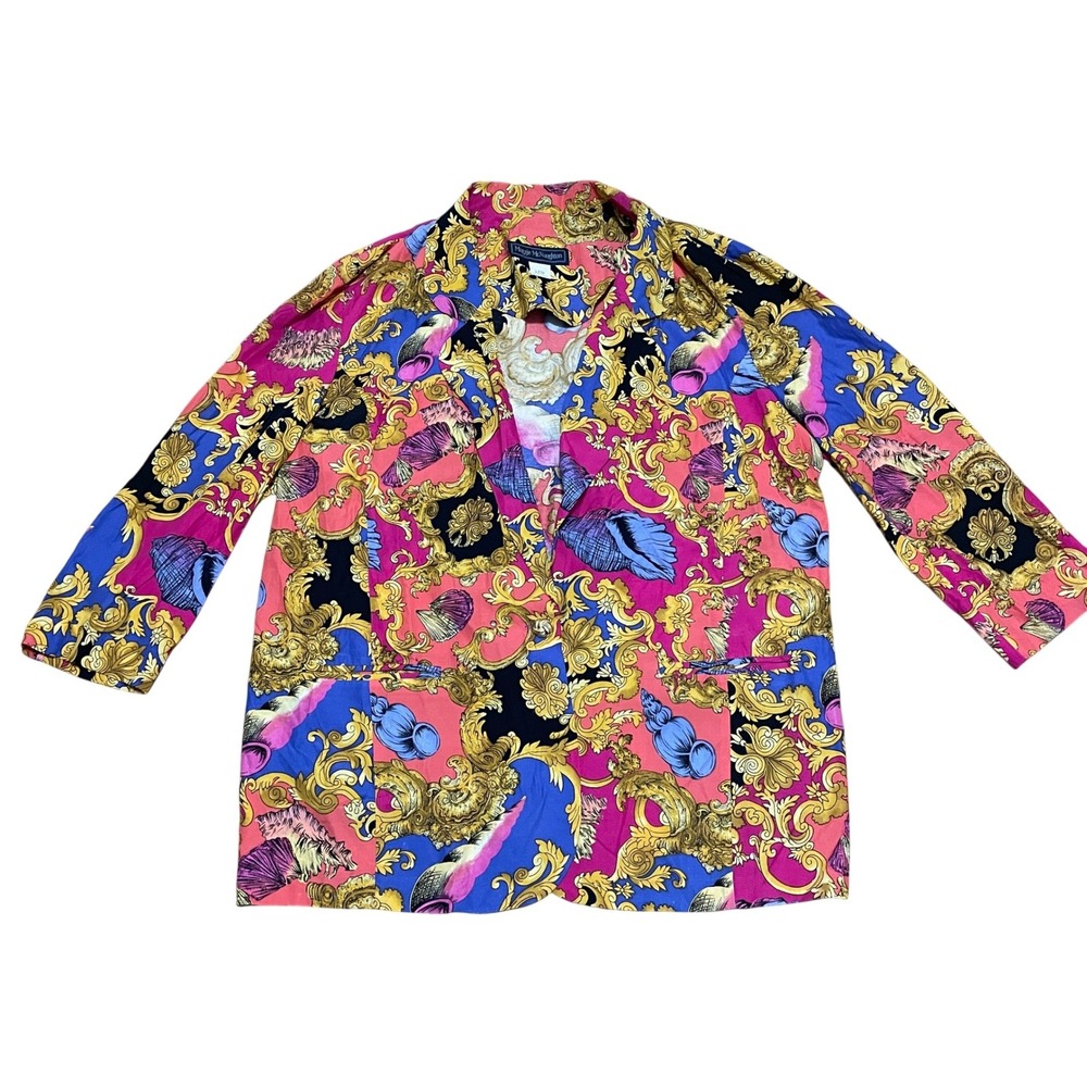 Maggie McNaughton VTG Women 18W Bright Seashell One Button Blazer Pink Blue Gold
